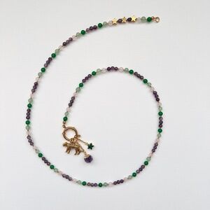 Blush pink purple and green beads charm necklace with 3 charms